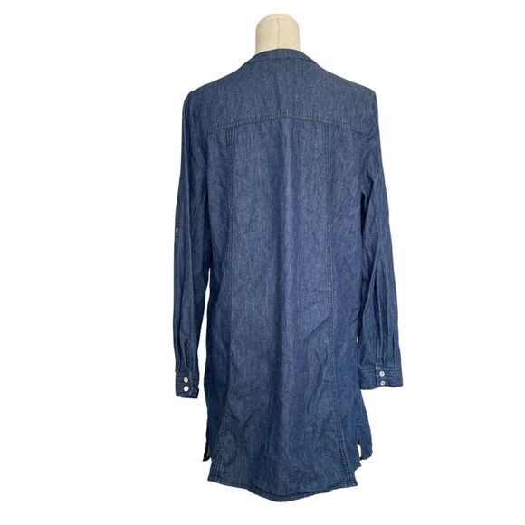 Ellos Western Denim Midi Dress Sz S/M Pearl Button Roll Tab Peasant Cottagecore - Picture 2 of 14